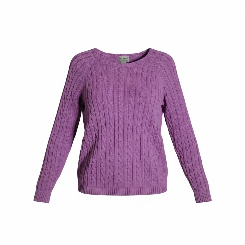 LL Bean Womens Purple Cable Knit Cotton Crew Neck Sweater M